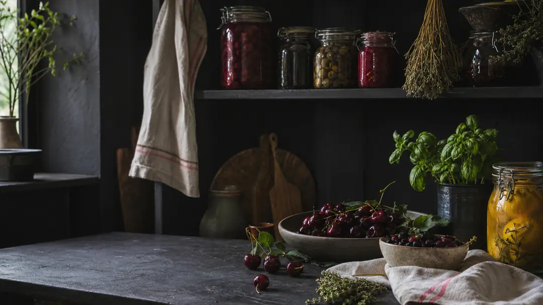 Un garde-manger sombre éclairé comme une nature morte